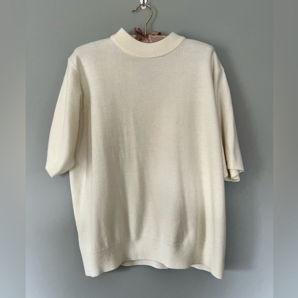 Vintage 80s Cream Short Sleeve mock neck Knit Sweater